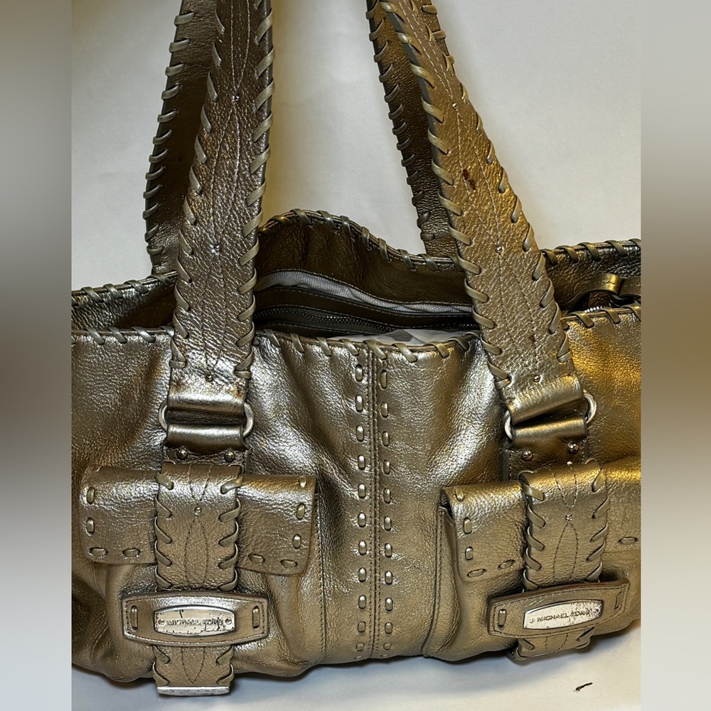 Michael Kors Boho Metallic Gold Leather Woven Strap Pockets Shoulder Bag